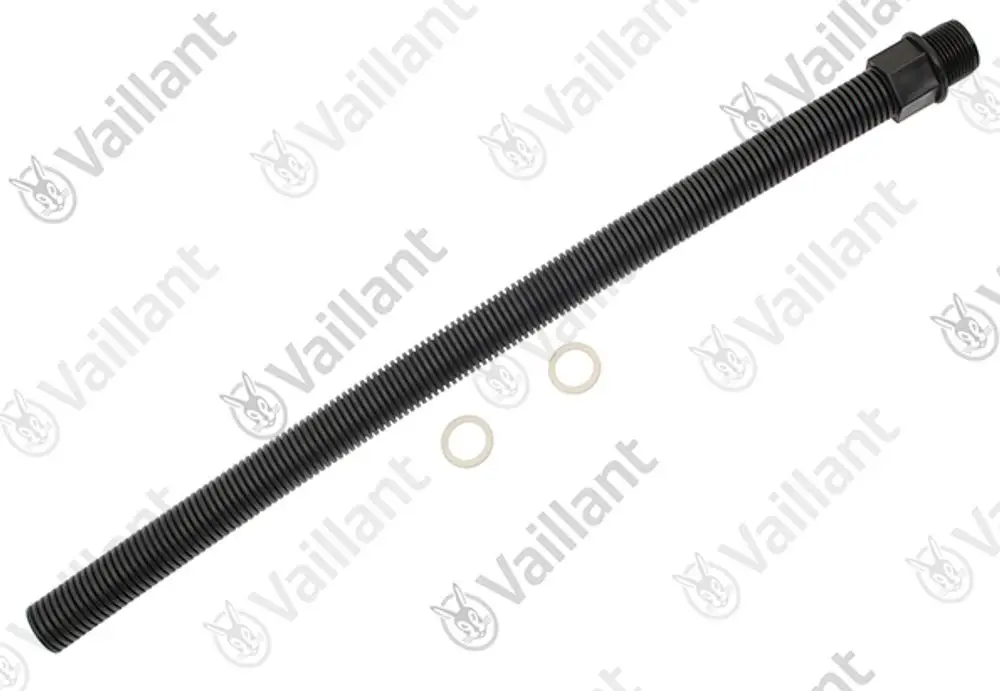 Schwarzes flexibles Rohr von Vaillant mit Außengewinde und zwei Dichtungsringen, geeignet für verschiedene Heizungsanwendungen.